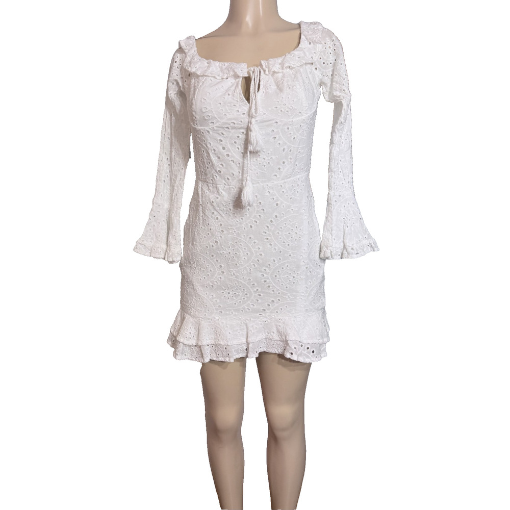 Parisian White Eyelet Off Shoulder Mini Dress Boho Cottagecore Ruggle US 8 UK 12